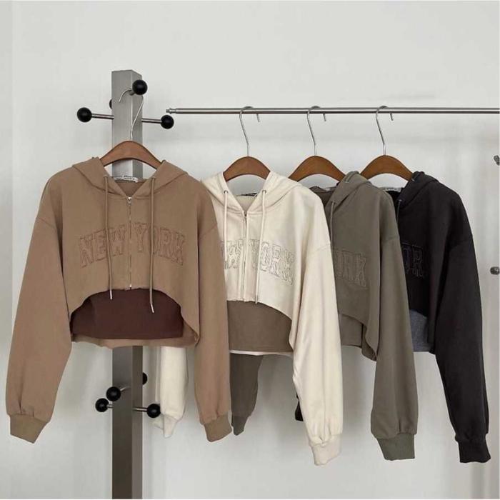 NEWYORK CROOPE JAKET HOODIE ZIPPER SWEATER WANITA CROP TOP Atasan Oversize