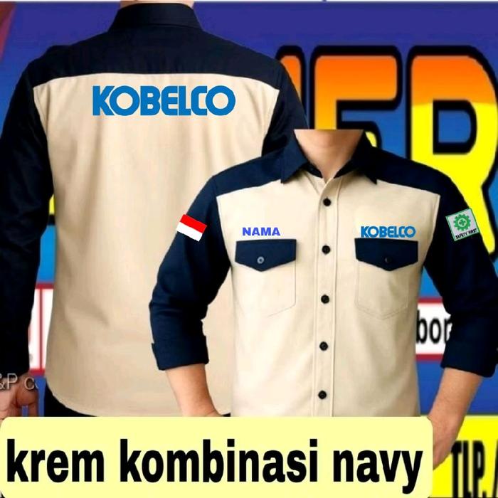 ready stok krem kombinasi navy Kemeja Kobelco baju Kobelco seragam Kobelco kemeja kerja Kobelco baju