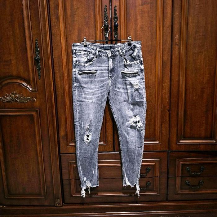 ZARA MAN Distressed Skinny Jeans in Acid Grey Wash Stretch Celana Panjang Denim Pria Biker