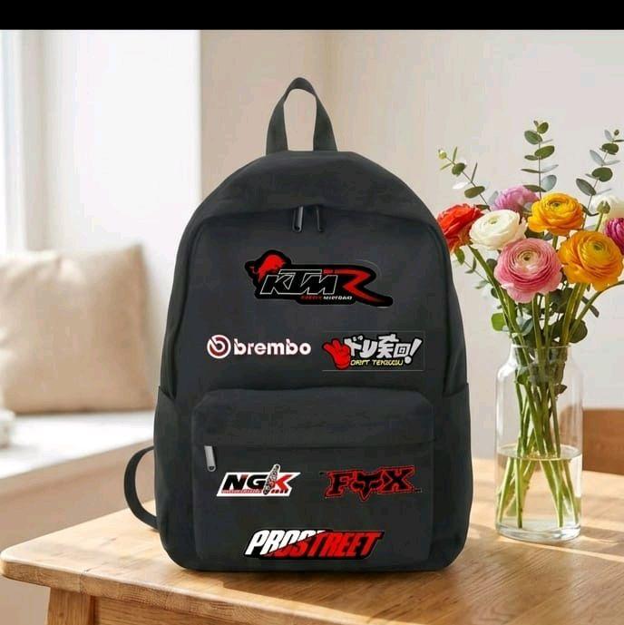 Tas Ransel Hitam dengan Logo KMR Brembo NGK FOX dan ProStreet untuk Gaya Urban