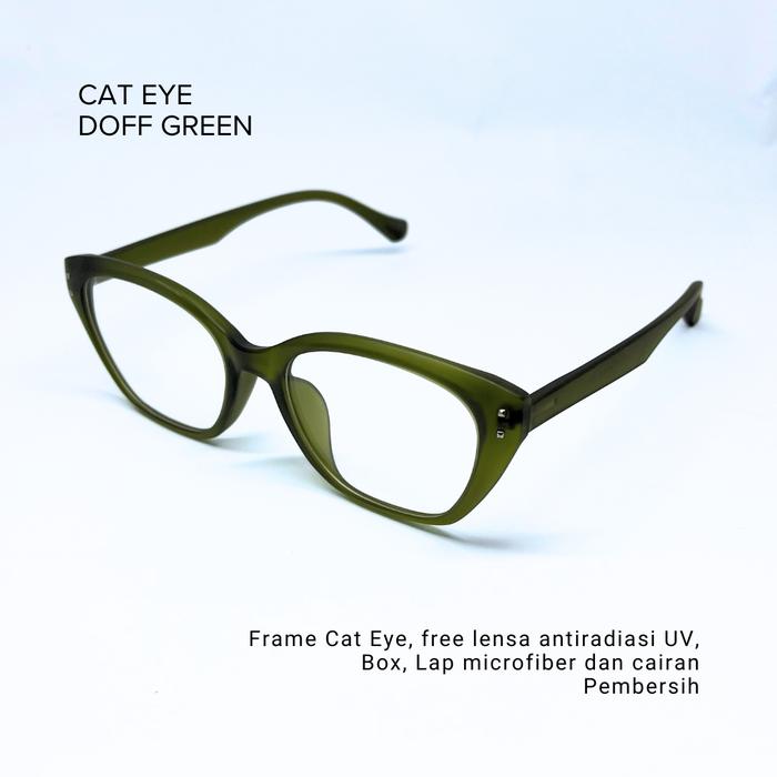 Kacamata Cat Eye hijau doff antiradiasi UV untuk wanita kekinian Uk 14,4 cm Free custom lensa max -5