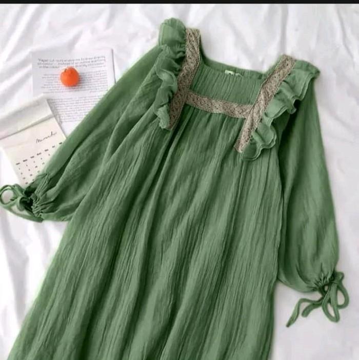 OLIVE DRESS KATUN CRINKLE DALEMAN HYGET BAJU GAMIS FASHION WANITA Party Silver Dalaman Midi raya mid