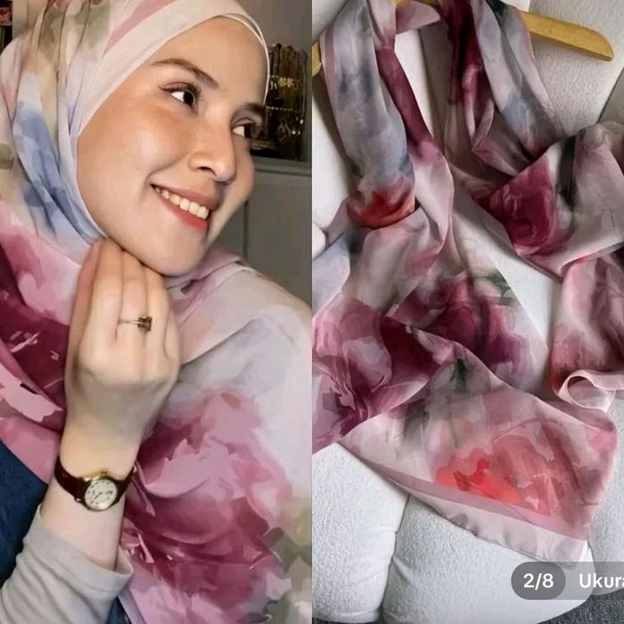 Pasmina Hijab Wanita Motif Bunga Warna Pink dan Ungu Ukuran 2/8