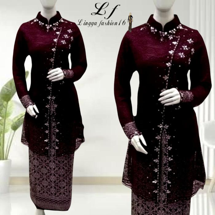 Lingga Fashion16 Setelan Kebaya Tunik Brokat Payet Miring Mix Rok Lilit Songket Palembang Baju Wanit