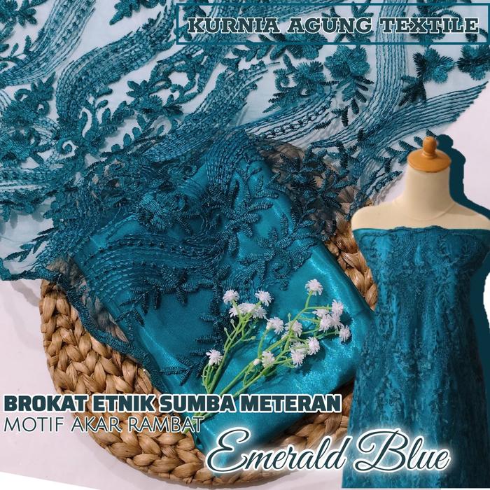 Kain Bahan warna EMERALD BLUE  Kain Bridesmaid Premium Bahan Brokat Satin motif Etnik Sumba Akar Ram