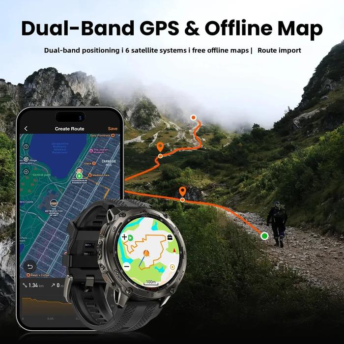 KOSPET Tank T4 Smartwatch Stainless Steel GPS Offline Maps 100M Waterproof Military