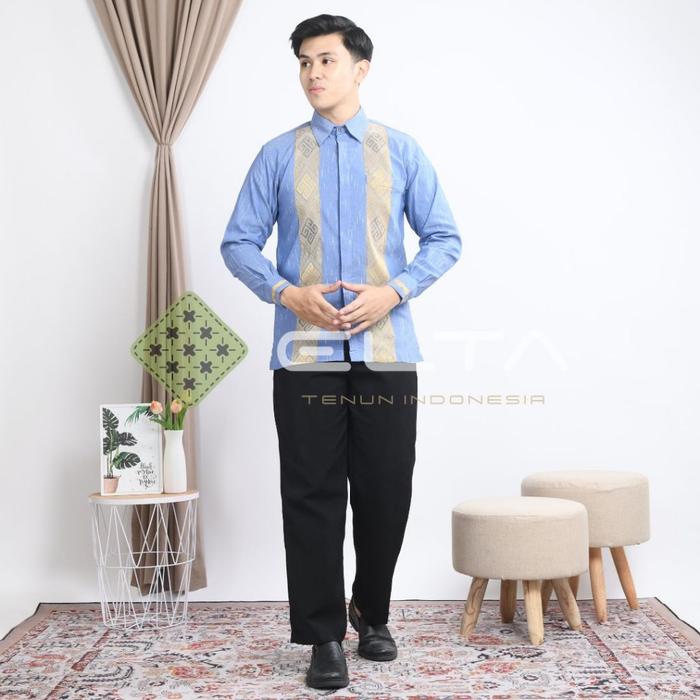 Kemeja pria tenun hujan gerimis toraja kendari baju kantor seragam guru