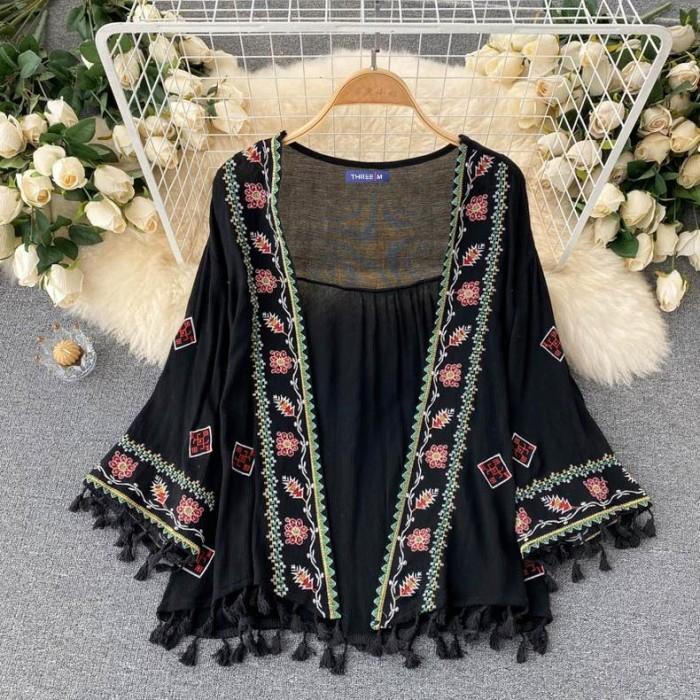Outer Kimono Boho Tassel Baju Luaran Wanita Lengan Panjang Bohemian Cardan Kardan