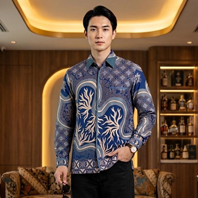 kemeja batik pria formal exclusive tangan panjang bahan dobby semi sutra premium - full jahitan smok