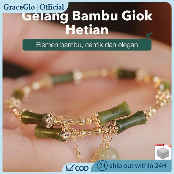 【100% Asli】Gelang Segmen Bambu Batu Perak Giok Hetian Hijau Lapis Emas China Titanium Wanita Anti Ka