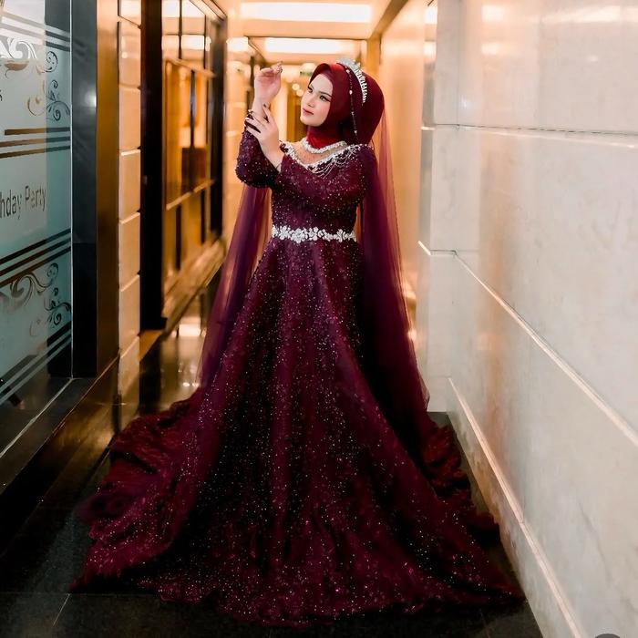 gaun pengantin syari muslimah full furing / gaun Wanita lebar ngekor Dress  Pesta Mewah Panjang Puti