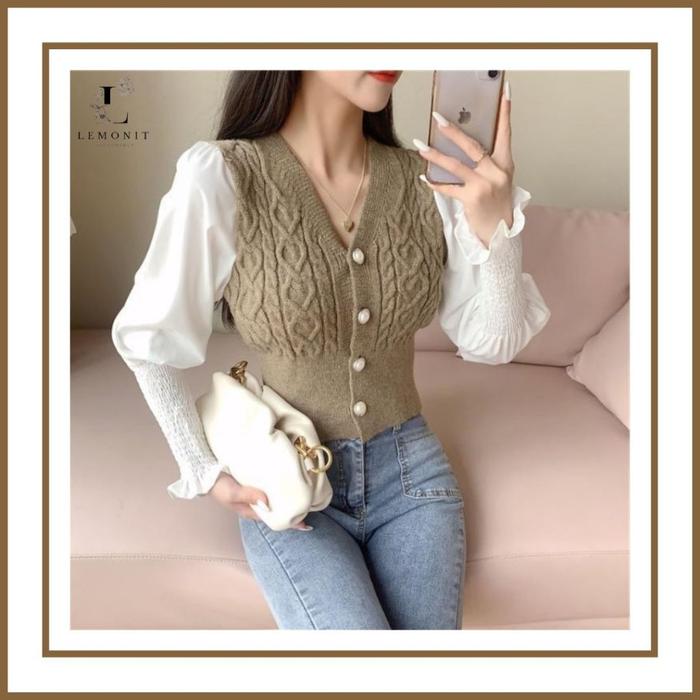 Lemonit Blouse Kekinian Lengan Balon Rajut Premium | Atasan Wanita Blouse Knit Lengan Balon Kekinian