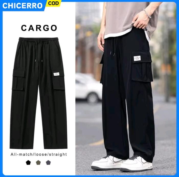 Celana Cargo Pria OverSize 2024 Korean Style Casual Loose Pants Panjang Hitam Santai Fit Kantong