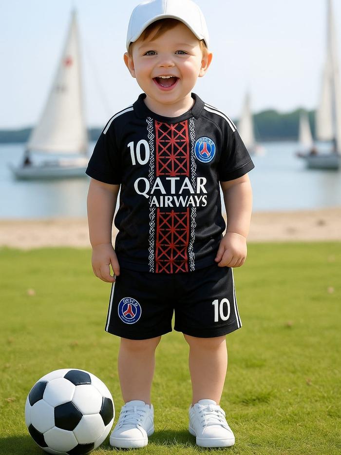 Setelan baju dan celana motif klub bola PSG anak laki laki usia 1 sampai 13 tahun bahan jersey Nyama
