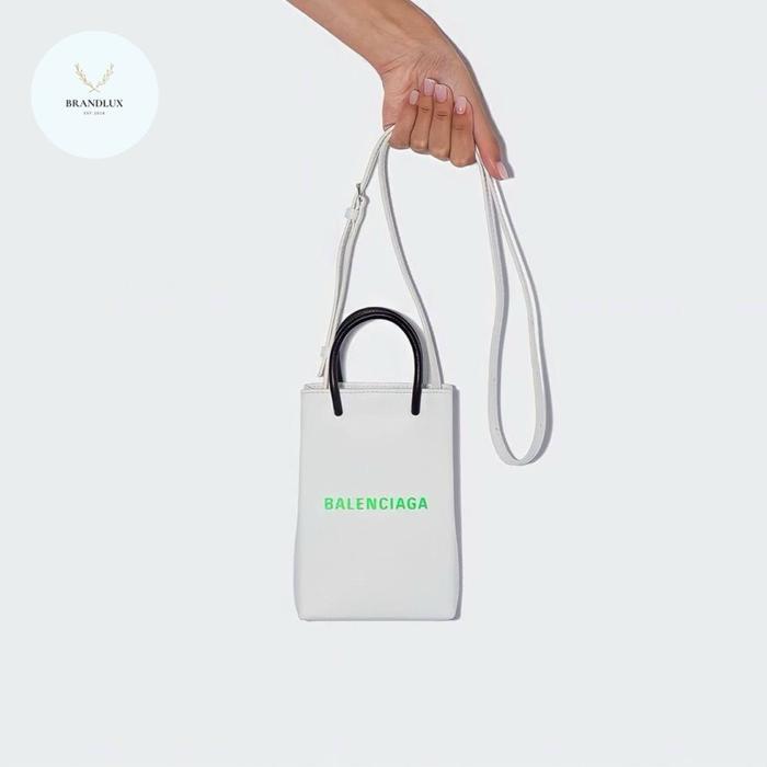 Balenciaga Shopping Phone Holder Bag in White with Green Logo