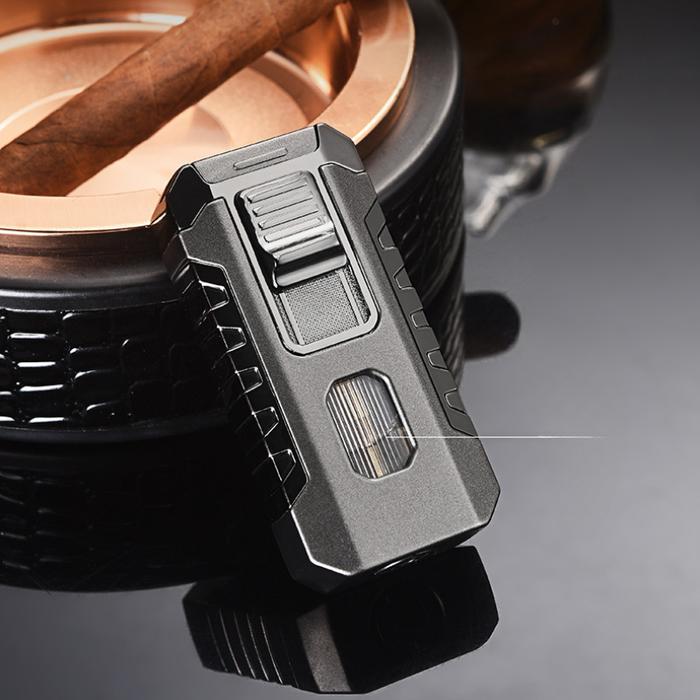 New Three-flame Direct Injection Windproof Butane Gas Lighter, Metal Body, Transparent Gas Chamber,