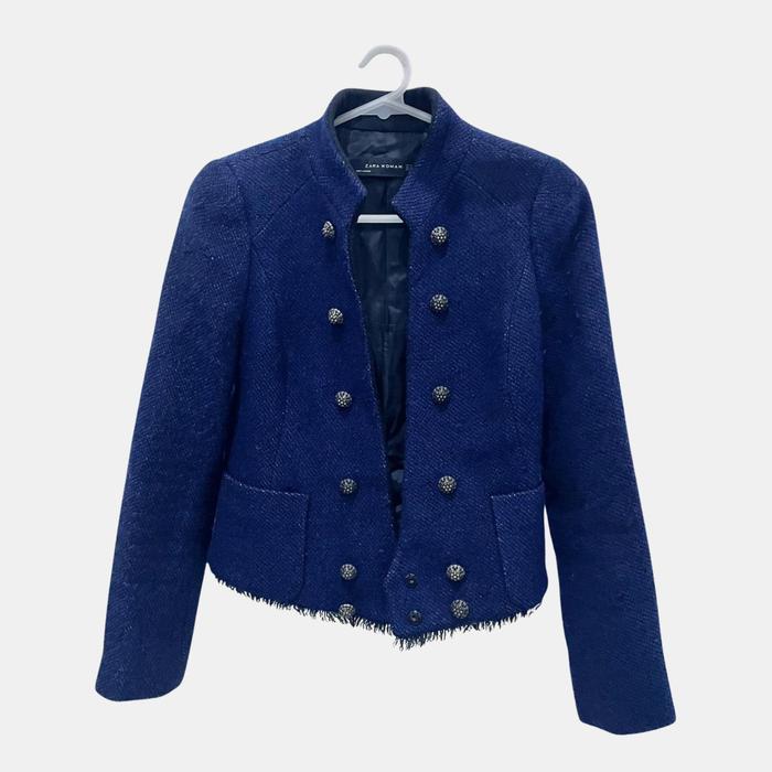 Zara Woman Tweed Military Blazer Navy Blue