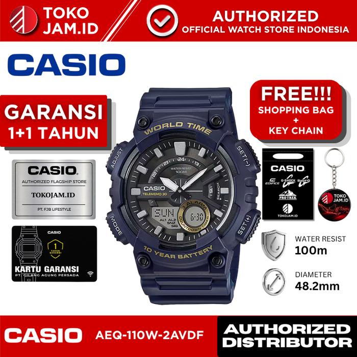 Casio AEQ-110W-2AVDF Analog Digital Blue Resin Sport World Time 100M Alarm Stopwatch Jam Tangan Pria