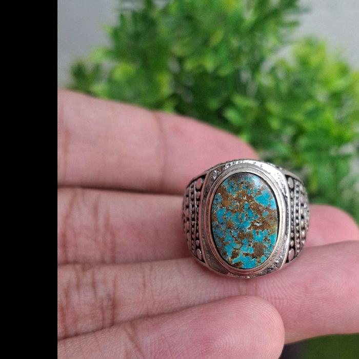 Pirus Persia Natural Warna Biru Serat Emas Ring Alpaka Super Model Tanam