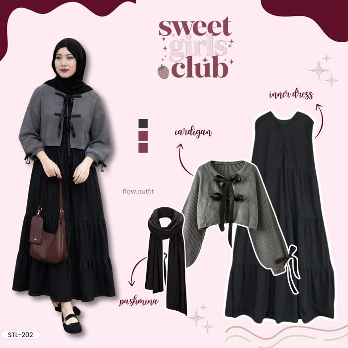 One Set Cardigan Ribbon 3in1 [ Cardigan rajut + Inner dress + Pashmina ] OOTD Hijab Kekinian | Outfi