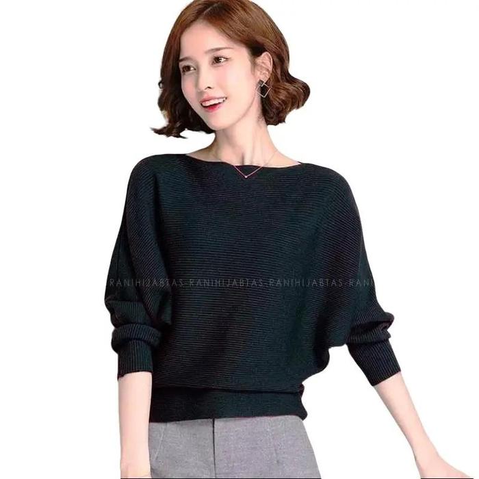 RH - sweater baju rajut  wanita model batwing kalong kerah bulat oversize Motif garis salur tangan p