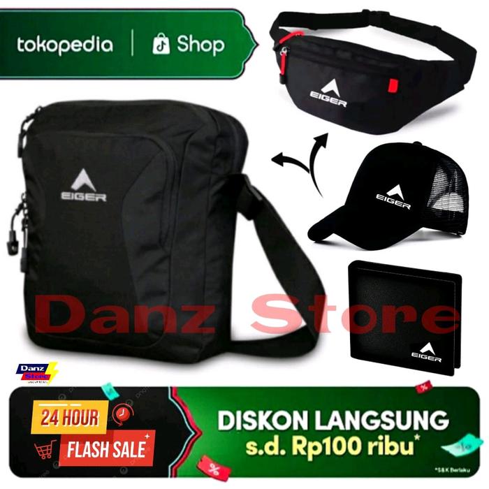 Waistbag Slingbag Tas Selempang Pria Logo Bordir | Tas Selempang Eiger Kanvas Hitam Berkualitas | Da