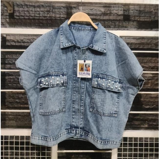Ready Rompi Vest Jeans Oversize Wanita Jeans Gramasi 10Ons Non Stretch Aplikasi Mutiara Motek