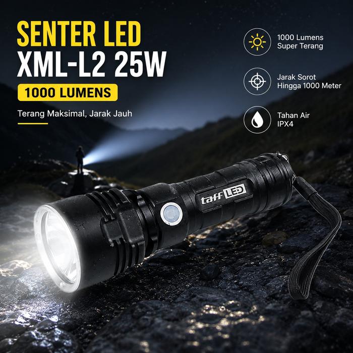 TaffLED Senter LED XML-L2 USB Rechargeable Long Range 25W 1000 Lumens - XML-L2