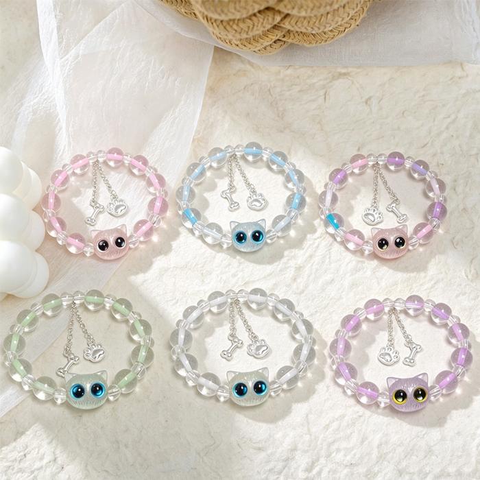 Gelang Manik Kristal Jernih Warna-warni Gaya Hutan untuk Anak, Motif Kepala Kucing Mata Besar Imut