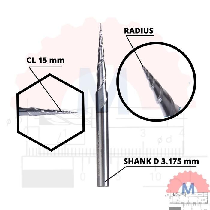 Taper Ball Nose Endmill 2F shank 3.175mm R0.25 - R1 Ballnose taper cnc router bit