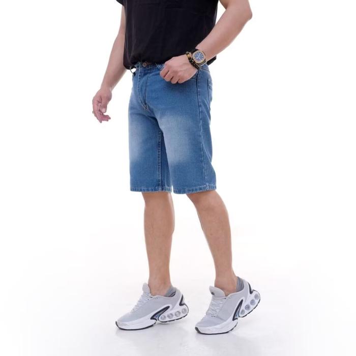 Celana Jeans Pendek Pria Jumbo Original Non Strech Biru Tua Muda Hitam Standar Cowok Gaya Casual