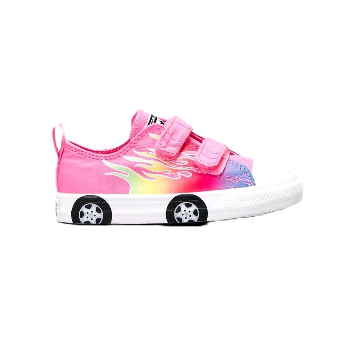 Sepatu Converse Anak Perempuan dengan Desain Perekat dan Roda Mobil - Pink dan Motif Api Warna-warni