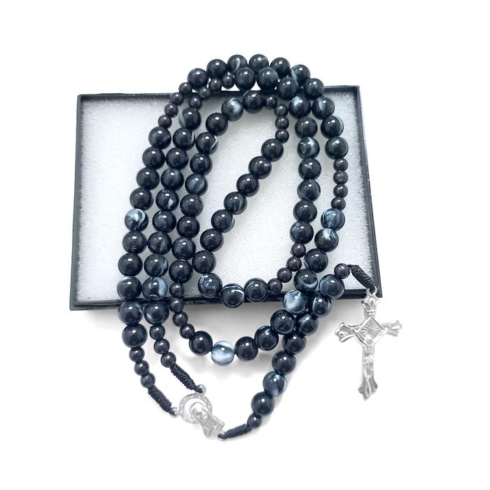 Kalung Rosario 77 Bapa Kami Mote Marmer Hitam dengan Butir Kristal Akrilik