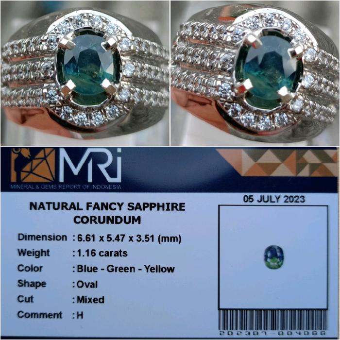 Natural Fancy Sapphire Blue Green Yellow 1.16 Carats Heated Memo MRI 004066