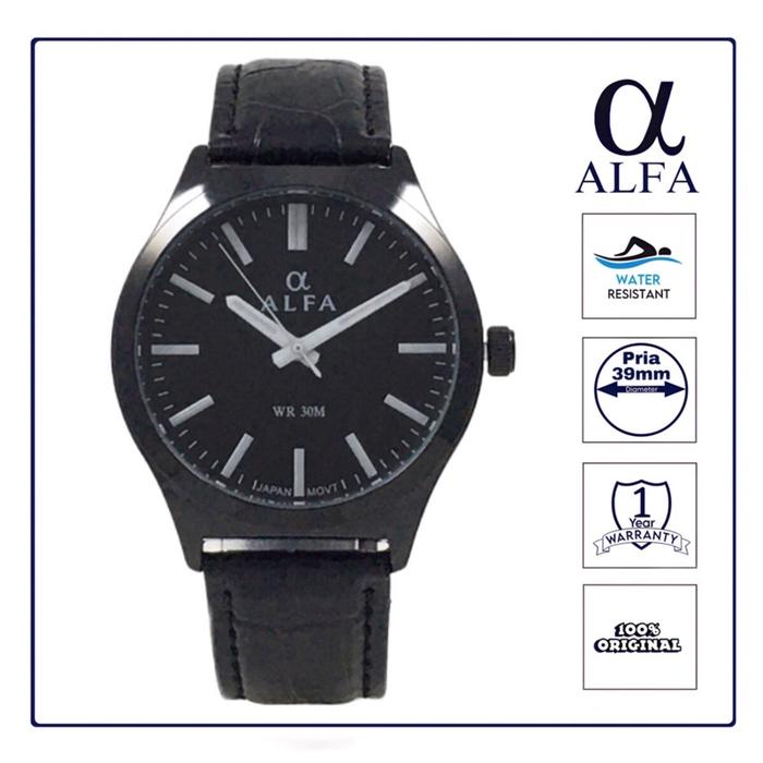 ALFA Jam Tangan Pria Kulit Tahan Air warna Hitam K6001 Original