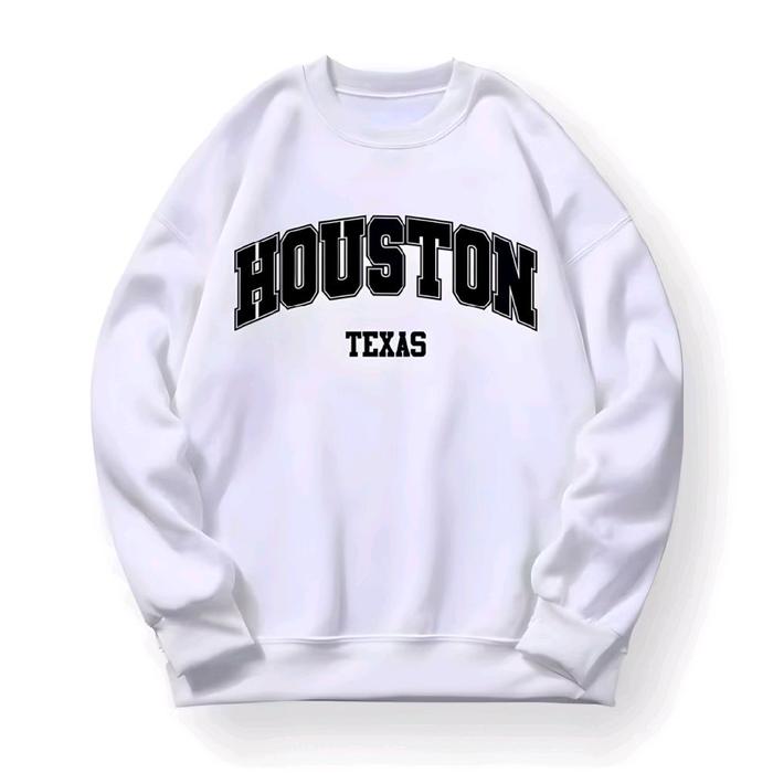 Sweater Crewneck Unisex Houston Texas Varsity / Sweatshirt Fleece Tebal Putih-Hitam-Cream-coffe Over