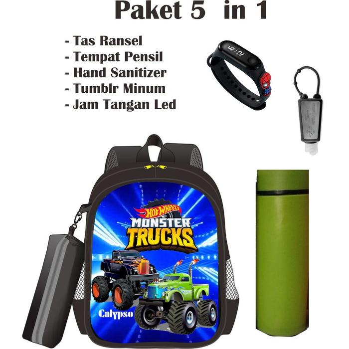 PAKET 5IN1 TAS SEKOLAH ANAK LAKI-LAKI TK DAN PAUD KARAKTER HOTWHEEL MONSTERTRUCK PREMIUM