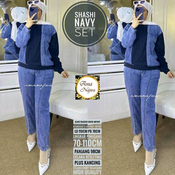 Navy sashi Setelan Wanita Jeans Jumbo One set Baju + celana Setcel muslim / Amj