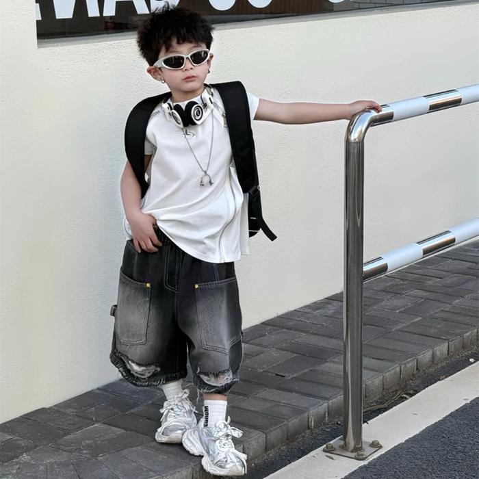 ready 2026 Setelan Denim Sobek Retro Anak Laki-Laki korean style musim panas baru vagina murni lenga