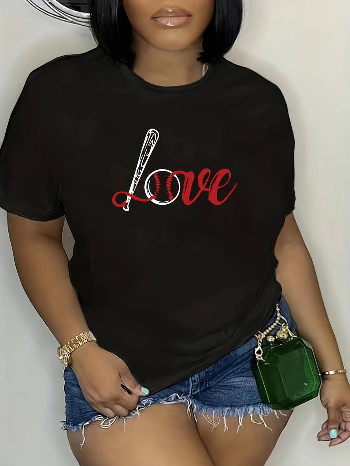 Camiseta Casual de Talla Grande para Mujer con Cuello Redondo - Estampado en Rojo y Blanco "LOVE", D