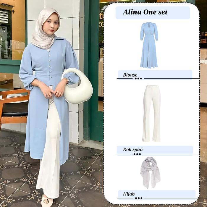 Alina One Set Wanita (Atasan Long Outer Tunik Blue Biru + Bawahan Celana Cutbray Putih + Pasmina Gre