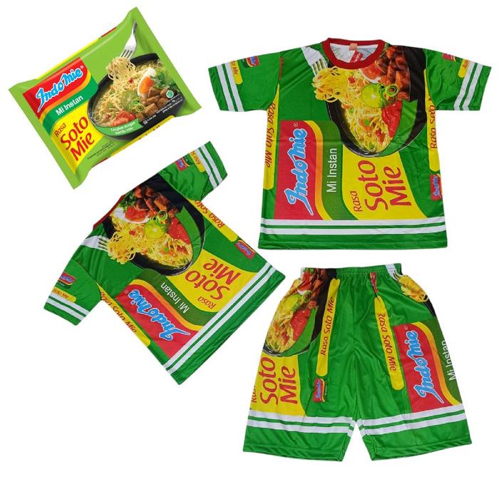 Setelan Baju Anak Trendy 2026 Gambar INDOMIE SOTO Motif Mie Soto Mie Hijau dan Merah