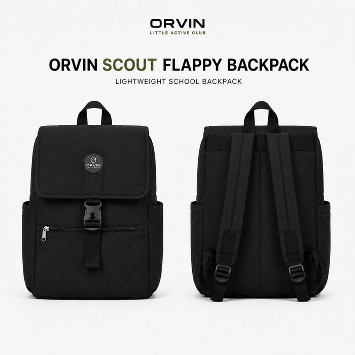 ORVIN Scout Flappy Backpack Tas Sekolah Anak SD SMP Nylon Crinkle Jet Black 12L