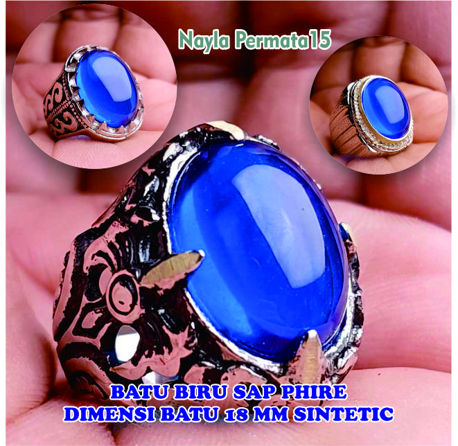 Cincin batu biru safir 18mm / blue safir sintetic Akik Ring