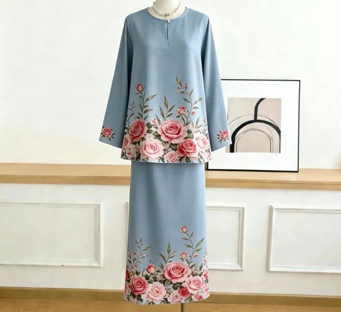 White and rose printed Muslimah dress - a light luxury slimming two-piece set