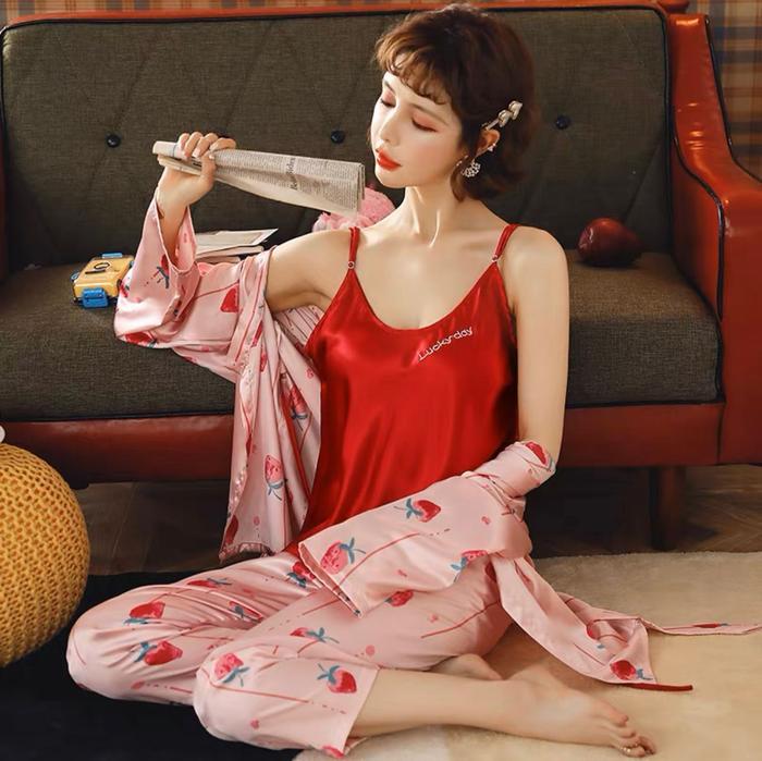 Jc- Set Kimono Satin 3In1 Import Pp / Kimono Sleepwear / Kimono Satin Set 3In1 Import Korea / Piyama