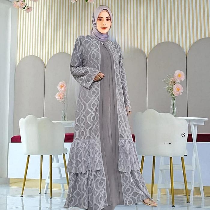Gamis Jumbo Inner Set Outher Brukat Malika -Gamis Muslim Wanita Kondangan Formal Syari Maxi Nyaman