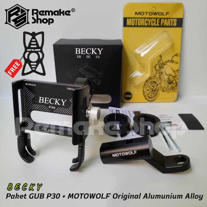 Paket  P30 + Bracket Spion MOTOWOLF Original Alumunium Alloy Holder Hp Motor Full Besi Dudukan Ponse