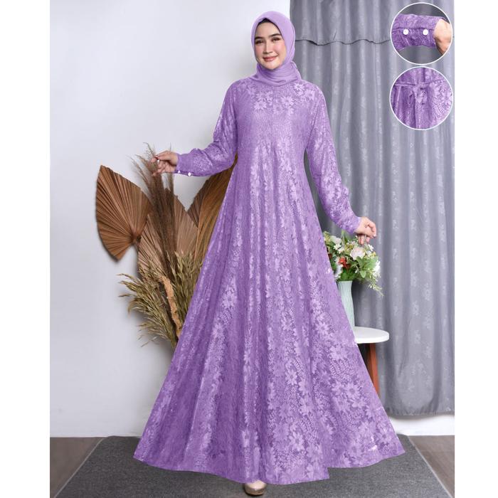 Maxi wanita brukat jumbo dress pesta kondangan mewah polos Busui Azalia Brokat Kancing Muslim Panjan