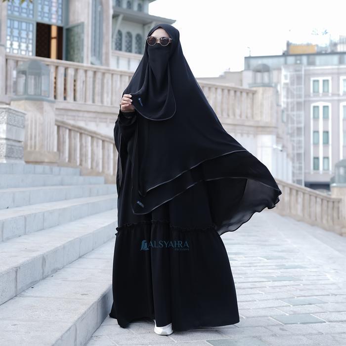 SIAPKIRIM Alsyahra Exclusive Set Khimar Shofa 2 Layer Bisban Cadar Tali Sifon Silk Jetblack Size XXL